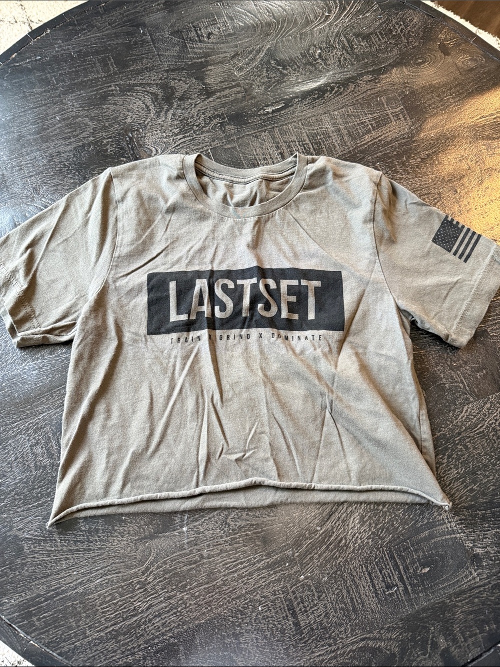 LASTSET Graphic Crop T-Shirt - Olive with Black Print - Picture 1 of 2